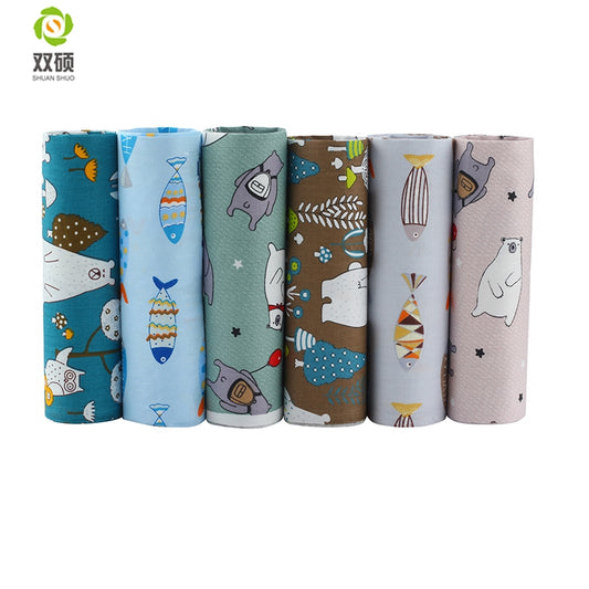 Shuanshuo Cotton Fabric Patchwork Cloth,Bear&amp;Fish Print DIY Sewing Quilting Fat Quarters Material For Baby&amp;Doll 40*50cm 6pcs/pcs