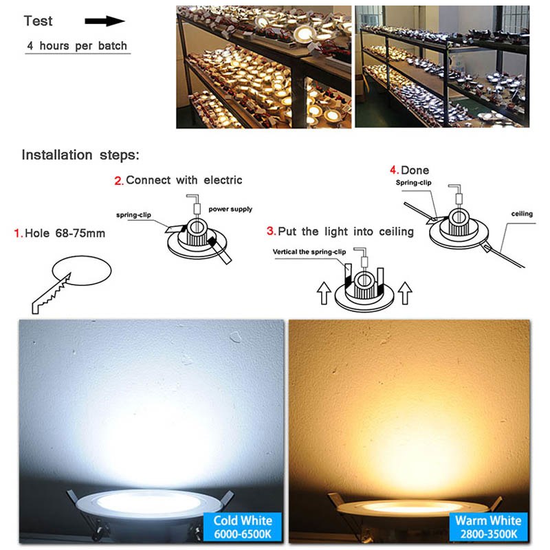 Silver White AC 110v 220v LED Downlight 3w 5w 7w 9w 12w 15w Showcase Light Lamp Round LED Ceiling Recessed Light Spot Down Light