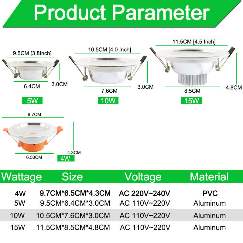 Silver White Ceiling LED Downlight 5w 10w 15w Led Lamp Recessed 110~220v LED Down Light Indoor Lighting Home Aluminum Spot Light