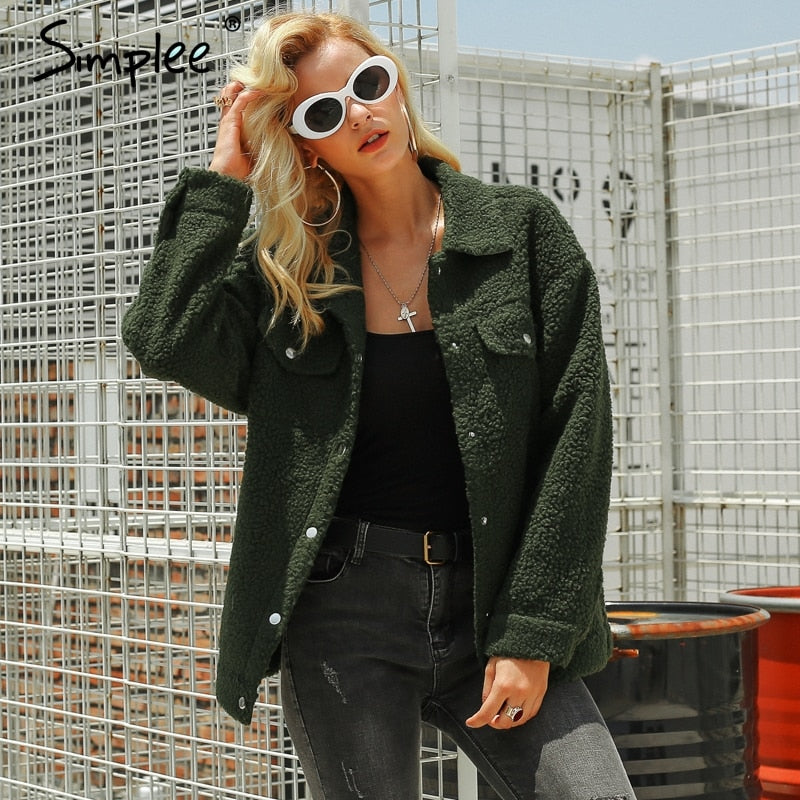 Simplee Faux lambswool button jacket coat Winter warm hairly jacket Women autumn outerwear 2018 female fashion overcoat