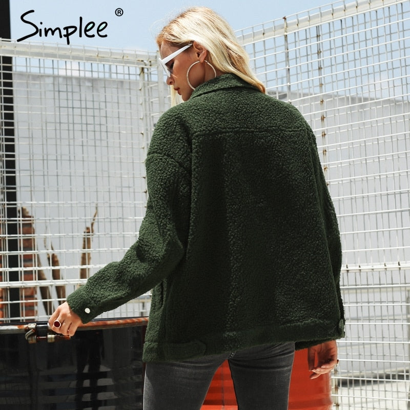 Simplee Faux lambswool button jacket coat Winter warm hairly jacket Women autumn outerwear 2018 female fashion overcoat