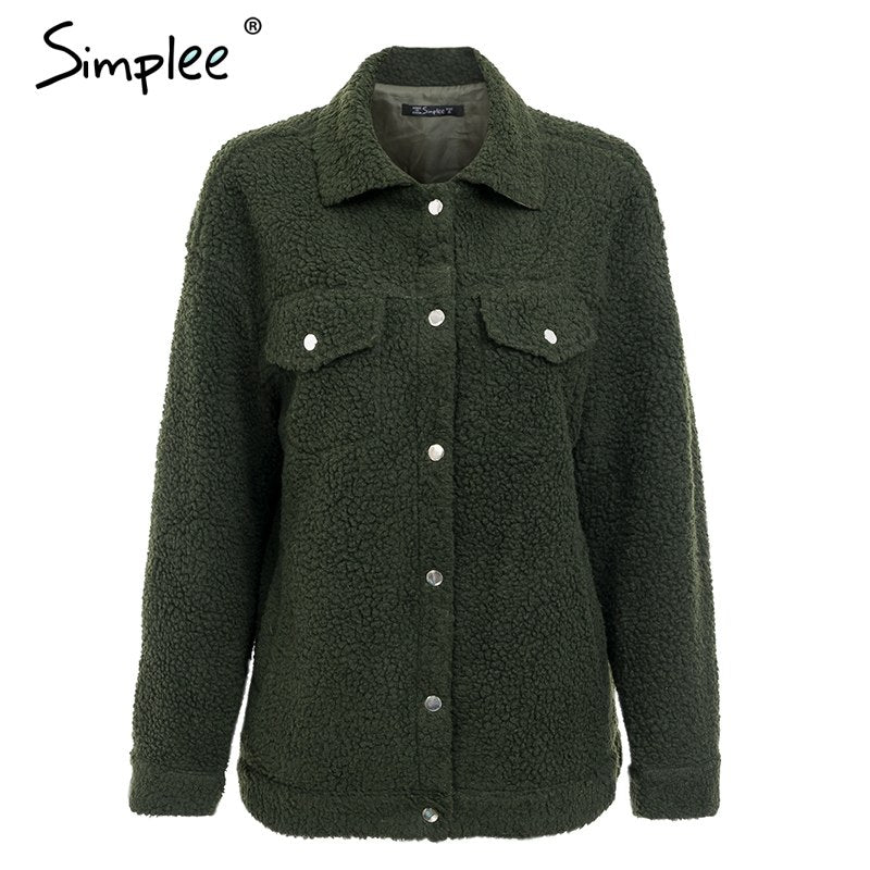 Simplee Faux lambswool button jacket coat Winter warm hairly jacket Women autumn outerwear 2018 female fashion overcoat