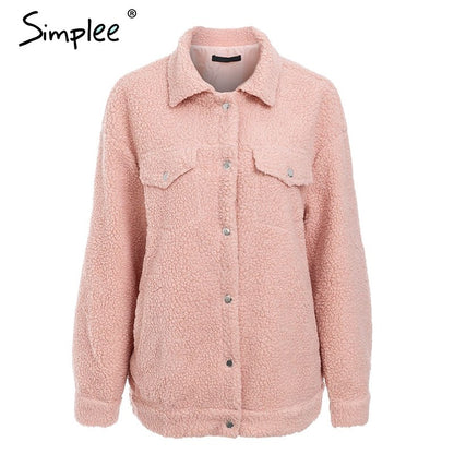 Simplee Faux lambswool button jacket coat Winter warm hairly jacket Women autumn outerwear 2018 female fashion overcoat