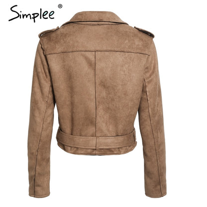 Simplee Leather suede faux leather jacket Women zipper belt moto jacket Cool streetwear ladies' leather jackets winter coat 2017