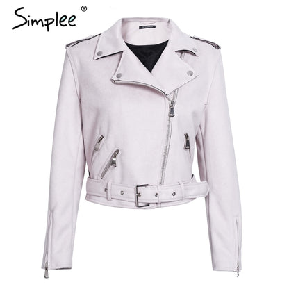 Simplee Leather suede faux leather jacket Women zipper belt moto jacket Cool streetwear ladies' leather jackets winter coat 2017