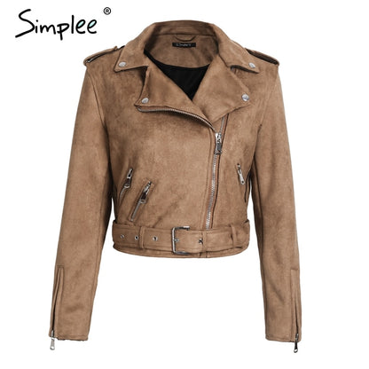 Simplee Leather suede faux leather jacket Women zipper belt moto jacket Cool streetwear ladies' leather jackets winter coat 2017