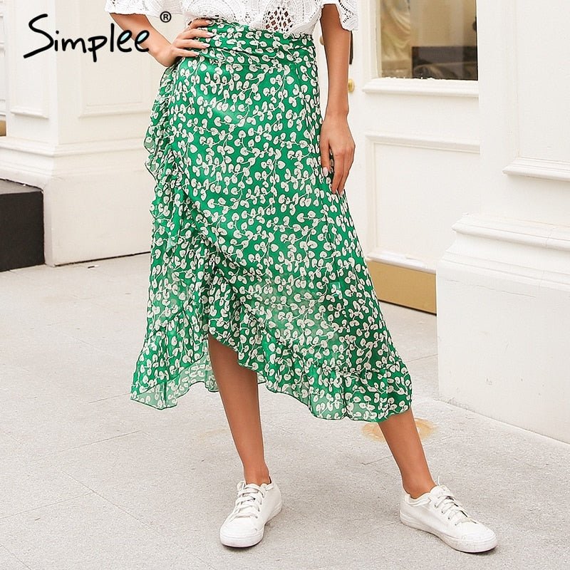 Simplee Ruffle leaf print wrap skirt women Sash tie up beach summer skirt asymmetric 2018 High waist streetwear long skirt femme