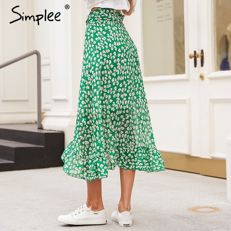 Simplee Ruffle leaf print wrap skirt women Sash tie up beach summer skirt asymmetric 2018 High waist streetwear long skirt femme