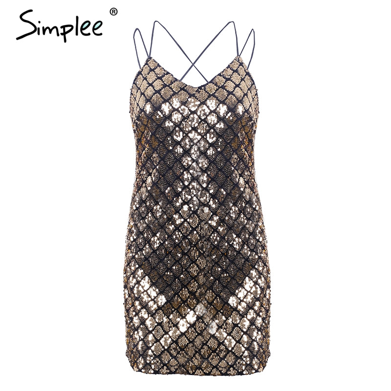 Simplee Sexy backless sequin winter dress women Strap elastic party dresses female Christmas club autumn mini dress vestidos