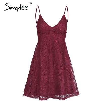 Simplee Sexy v neck strap lace dress women Elegant christmas party mini dresses female Autumn winter fashion robe femme vestidos