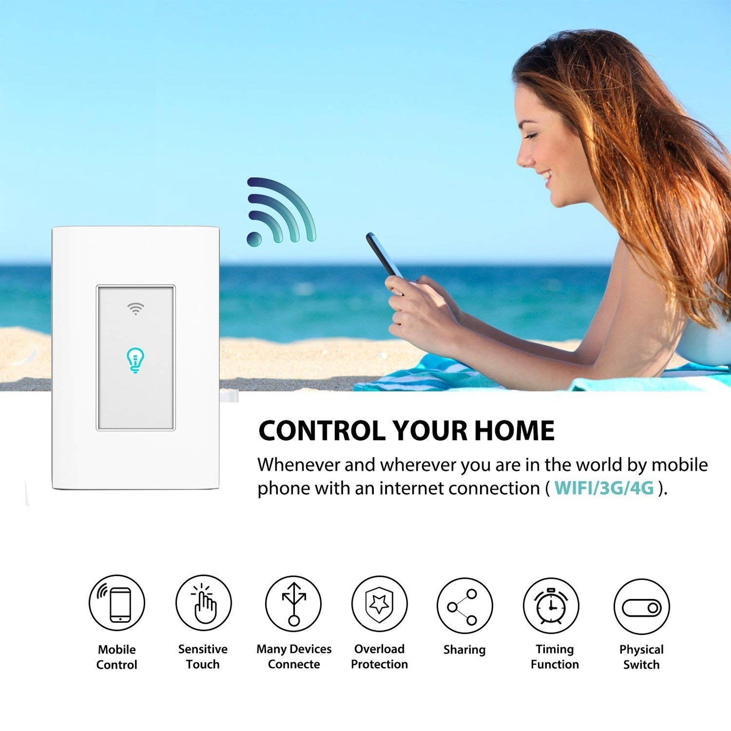 Smart Light Switch WiFi Wall Wireless Touch Switch Compatible Alexa Home Remote Control Appliances Timing Function Overload