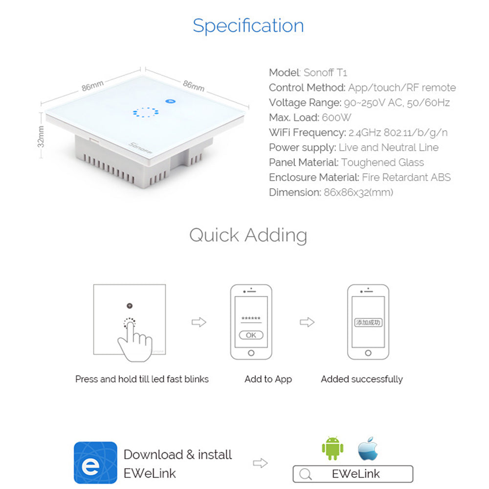 Sonoff T1 EU Smart Wifi Wall Touch Light Switch 1 Gang 2 Gang Touch/WiFi/433 RF/APP Remote Smart Home Controller Work with Alexa