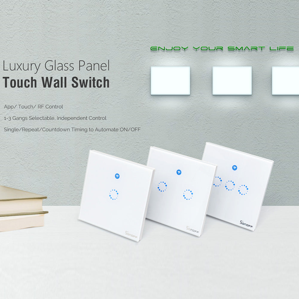 Sonoff T1 EU Smart Wifi Wall Touch Light Switch 1 Gang 2 Gang Touch/WiFi/433 RF/APP Remote Smart Home Controller Work with Alexa