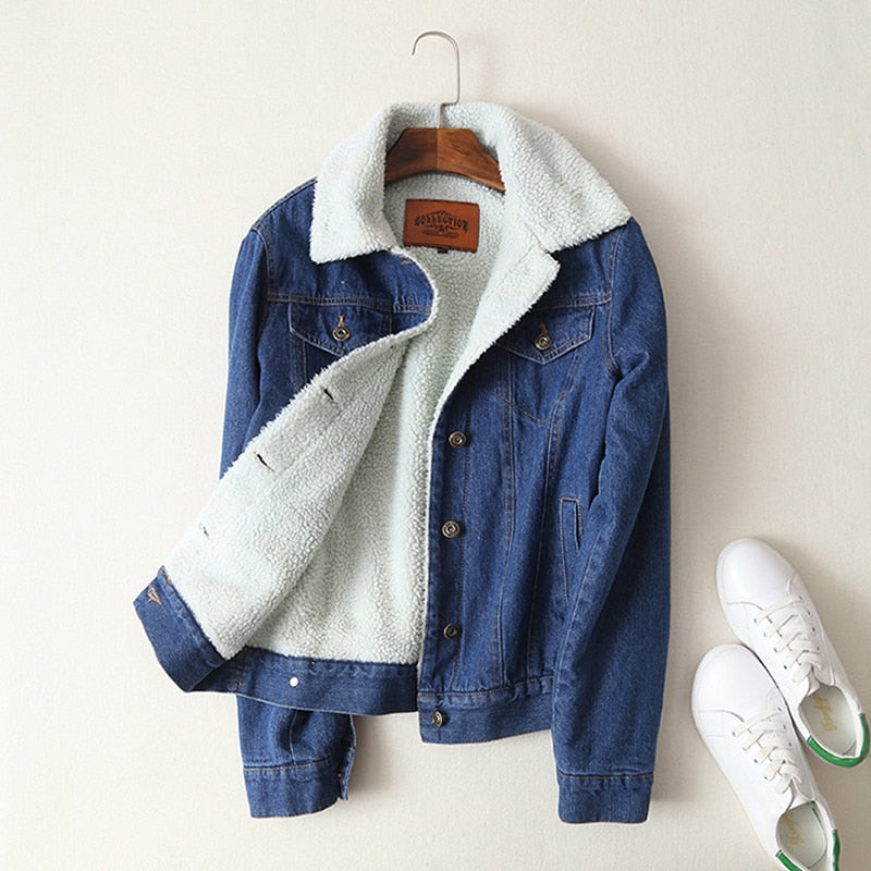 Spring Autumn Winter New 2018 Women lambswool jean Coat With 4 Pockets Long Sleeves Warm Jeans Coat Outwear Wide Denim Jacket