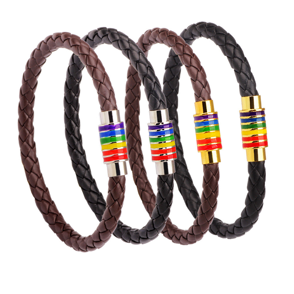 St.kunkka Black Brown Genuine Braided Leather Bracelet Women Men Stainless Steel Gay Pride Rainbow Magnetic LGBT Charms Bracelet