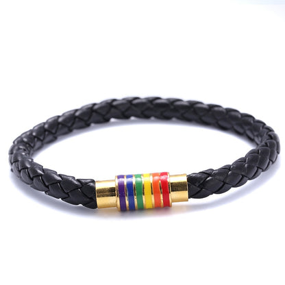 St.kunkka Black Brown Genuine Braided Leather Bracelet Women Men Stainless Steel Gay Pride Rainbow Magnetic LGBT Charms Bracelet