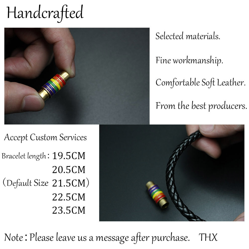 St.kunkka Black Brown Genuine Braided Leather Bracelet Women Men Stainless Steel Gay Pride Rainbow Magnetic LGBT Charms Bracelet