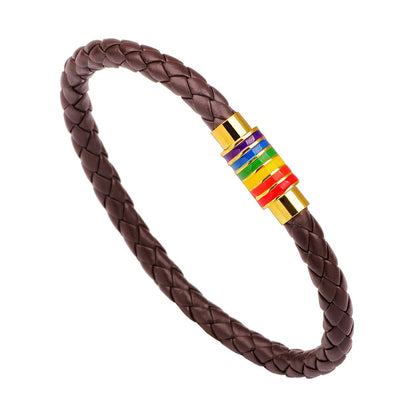 St.kunkka Black Brown Genuine Braided Leather Bracelet Women Men Stainless Steel Gay Pride Rainbow Magnetic LGBT Charms Bracelet