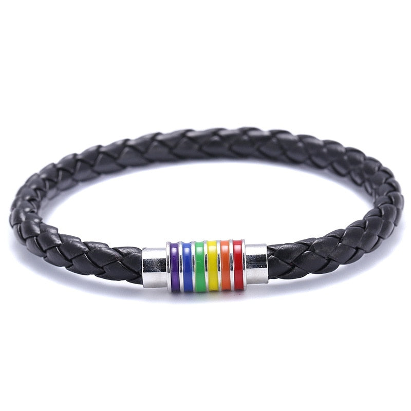 St.kunkka Black Brown Genuine Braided Leather Bracelet Women Men Stainless Steel Gay Pride Rainbow Magnetic LGBT Charms Bracelet