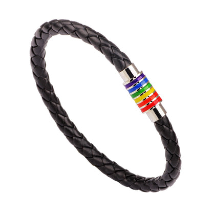 St.kunkka Black Brown Genuine Braided Leather Bracelet Women Men Stainless Steel Gay Pride Rainbow Magnetic LGBT Charms Bracelet