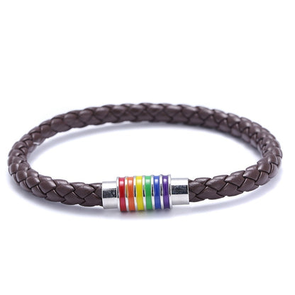 St.kunkka Black Brown Genuine Braided Leather Bracelet Women Men Stainless Steel Gay Pride Rainbow Magnetic LGBT Charms Bracelet