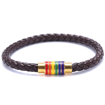 St.kunkka Black Brown Genuine Braided Leather Bracelet Women Men Stainless Steel Gay Pride Rainbow Magnetic LGBT Charms Bracelet