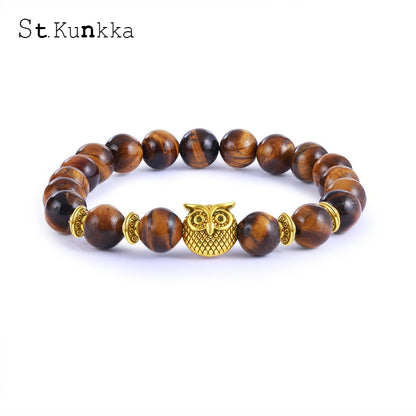 St.kunkka Chakra Bracelet Tiger Eye Natural Stone Yoga Beaded Bracelets For Men Women Charm Gold Silver Owl Bangles Friendship