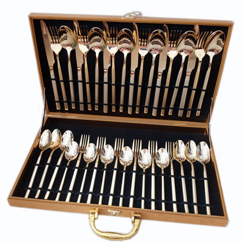 Stainless Steel Kitchenware Set Western Soup Scoop Luxurious Dinner Fork Golden Cover Dinnerware Set Gift Cutlery 36pcs/set