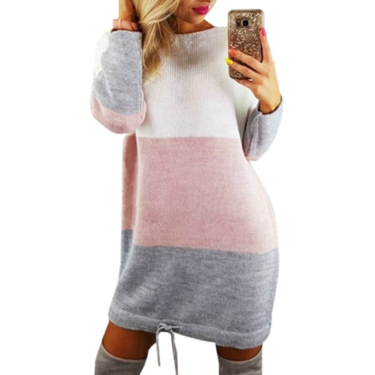 Stripe Patchwork Women Sweater Dresses Girls Hoodies Dress Casual Long Sleeved Sweater Mini Dress Party Dress  GV326