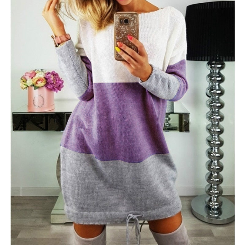 Stripe Patchwork Women Sweater Dresses Girls Hoodies Dress Casual Long Sleeved Sweater Mini Dress Party Dress  GV326