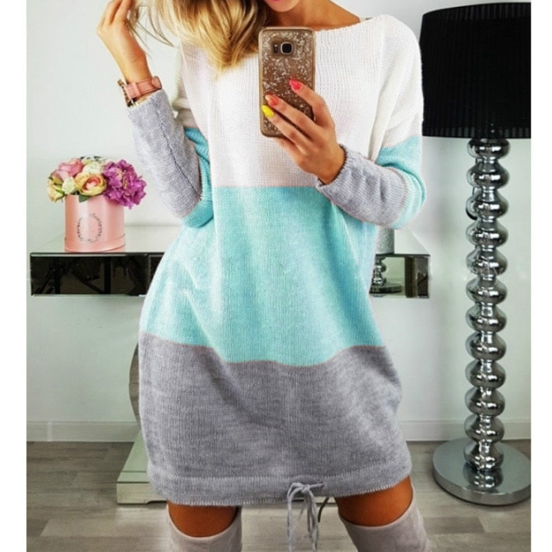 Stripe Patchwork Women Sweater Dresses Girls Hoodies Dress Casual Long Sleeved Sweater Mini Dress Party Dress  GV326