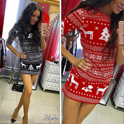 Summer Desses 2018 New Fashion Women Casual Christmas Deer Printed Floral Mini Dress Three Quarter O-neck Sexy Party Dress