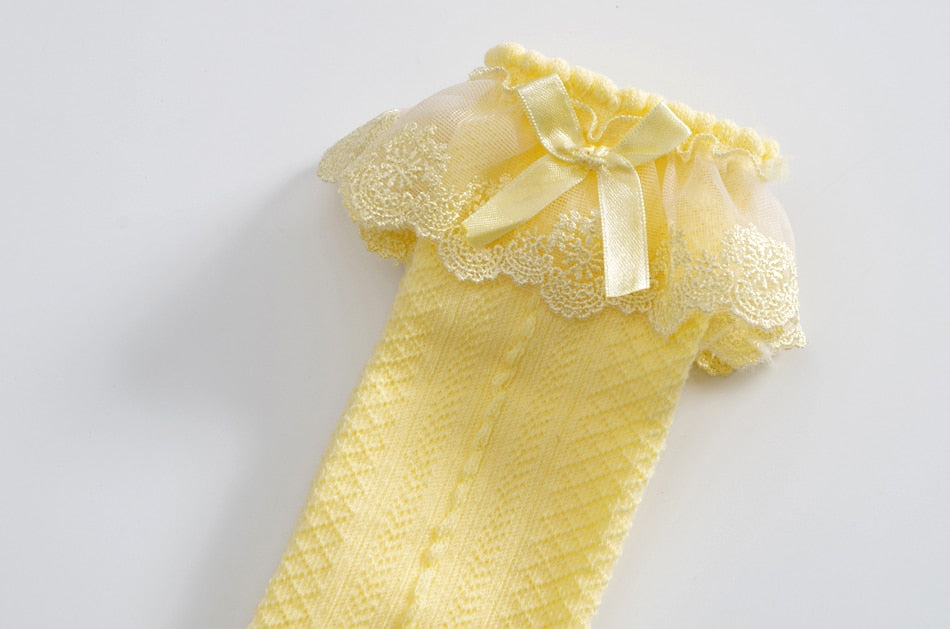 Summer Girls Socks Knee High Lace Bow Knit Socks Princess White Yellow Black Lace Girls Ruffle Kids Socks Girl Lace