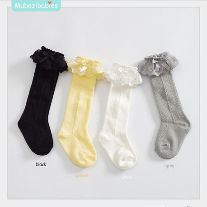 Summer Girls Socks Knee High Lace Bow Knit Socks Princess White Yellow Black Lace Girls Ruffle Kids Socks Girl Lace