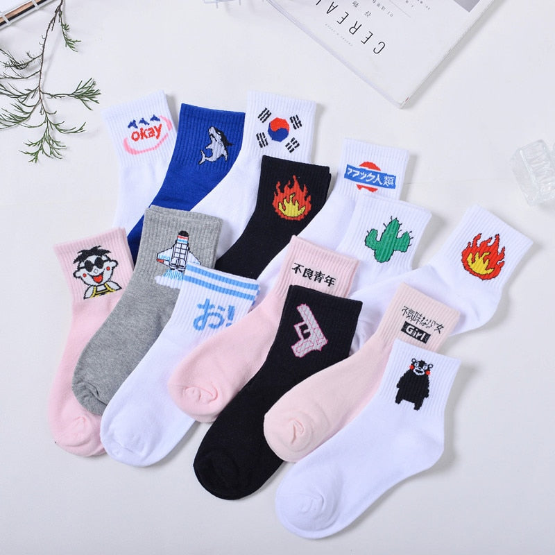 Summer Women Short Socks Harajuku Korea Japanese Cotton Flame Harajuku Socks Girl Cartoon Cactus Gun Shark Funny Female Socks