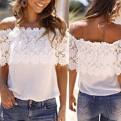 Summer Women's Off The Shoulder Casual Tops petal sleeve Blouse Lace Floral Chiffon