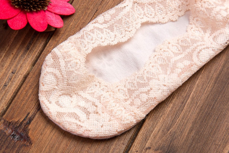 Summer women girl Silica Gel  Lace Boat Socks Invisible Cotton Sole Non-slip  Antiskid  Slippers Anti-Slip  Sock 1pair=2pcs ws74