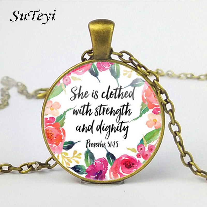 Suteyi She is clothed with Strength and Dignity Necklace Proverbs 31:25 Bible Verse Christian Quote Glass Necklace Faith Gifts