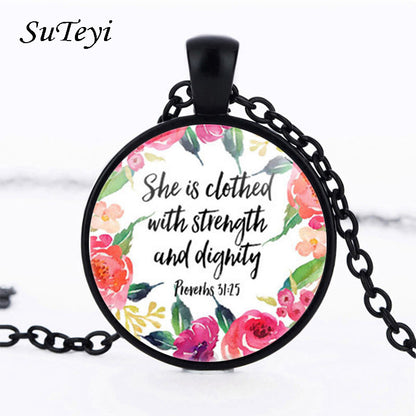 Suteyi She is clothed with Strength and Dignity Necklace Proverbs 31:25 Bible Verse Christian Quote Glass Necklace Faith Gifts