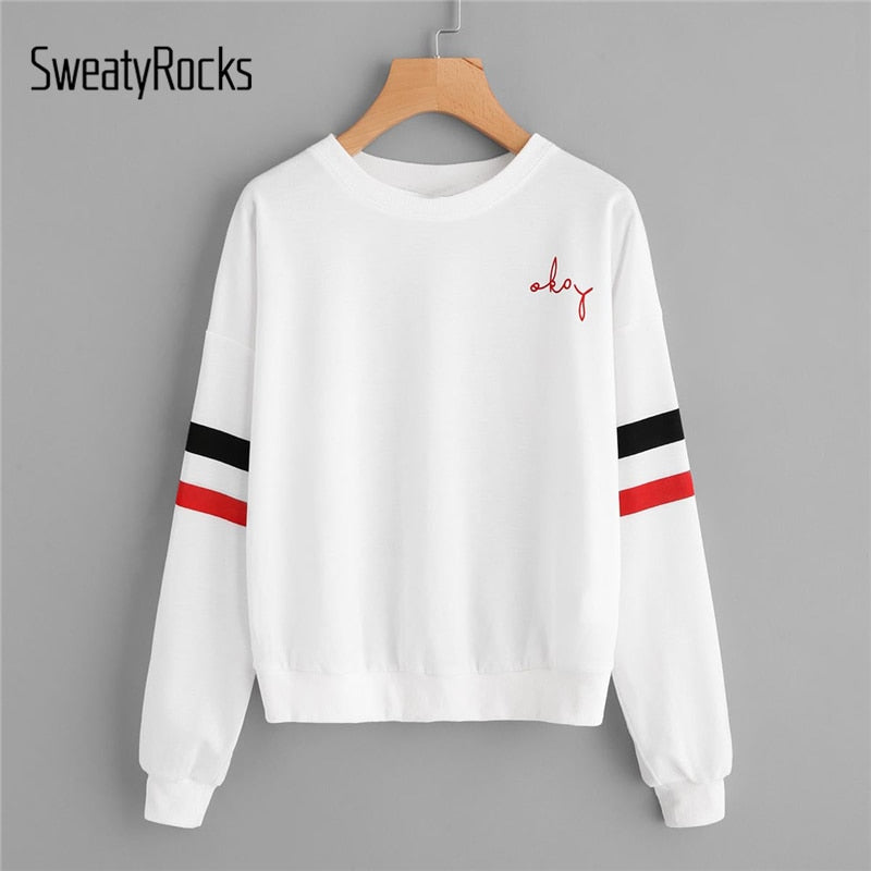 SweatyRocks Drop Shoulder Varsity Striped Sleeve Pullover White Long Sleeve Round Neck Letter Sweatshirt Women Autumn Sweatshirt