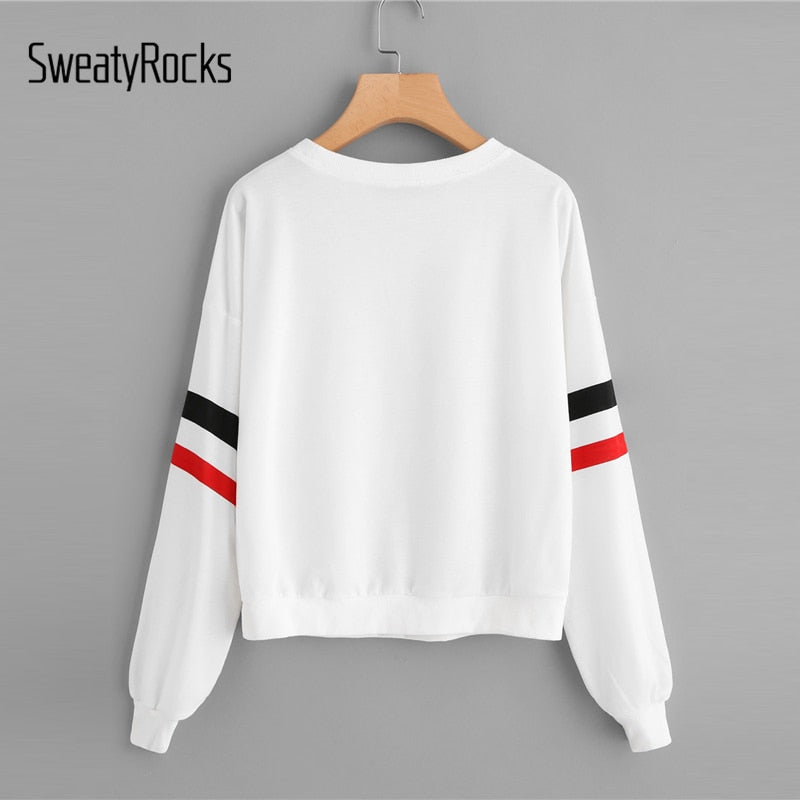 SweatyRocks Drop Shoulder Varsity Striped Sleeve Pullover White Long Sleeve Round Neck Letter Sweatshirt Women Autumn Sweatshirt