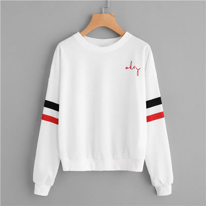 SweatyRocks Drop Shoulder Varsity Striped Sleeve Pullover White Long Sleeve Round Neck Letter Sweatshirt Women Autumn Sweatshirt