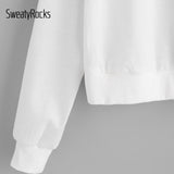 SweatyRocks Drop Shoulder Varsity Striped Sleeve Pullover White Long Sleeve Round Neck Letter Sweatshirt Women Autumn Sweatshirt