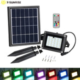T-SUNRISE LED Flood Light Outdoor Waterproof Solar Powered Light Landscaping RGB Lawn Lamp with Remote Contro for Garden 10W
