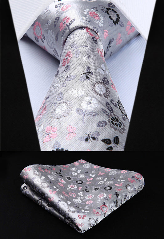 TF705A8S Grey Floral 3.4" Silk   Woven Men Tie Necktie Handkerchief Set