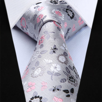 TF705A8S Grey Floral 3.4" Silk   Woven Men Tie Necktie Handkerchief Set