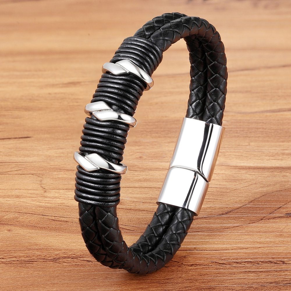 TYO 15 Style Choose Genuine Leather Cool Black Gold Creative Design Stainless Steel Magnetic Buckle Charm Men Leather Bracelet