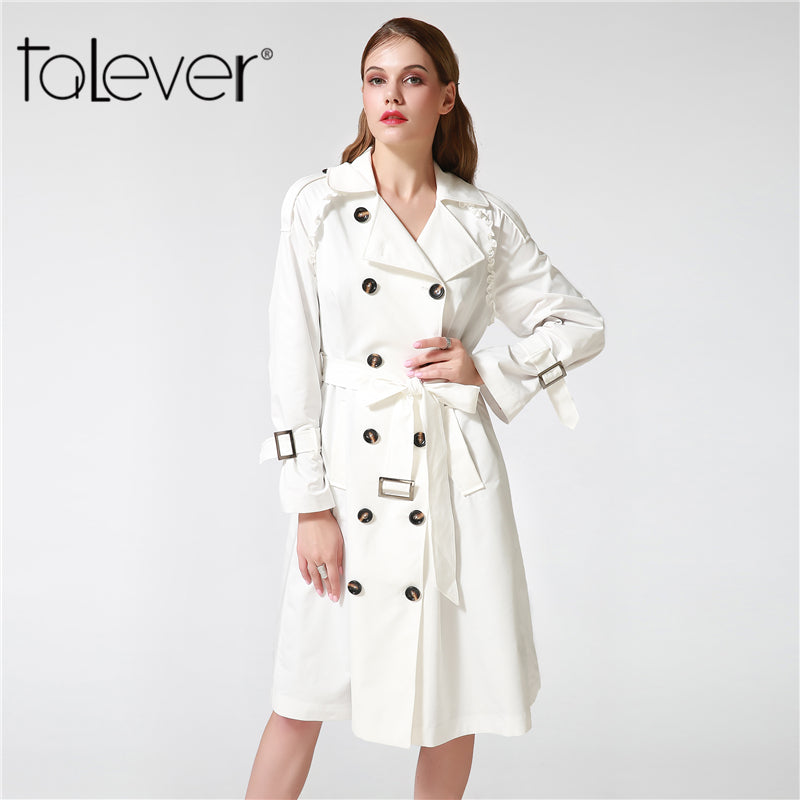 Talever Autumn Winter Trench Coat for Women Adjustable Waist Slim Solid Black Coat White Long Trench Female Outerwear Plus Size