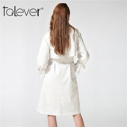 Talever Autumn Winter Trench Coat for Women Adjustable Waist Slim Solid Black Coat White Long Trench Female Outerwear Plus Size