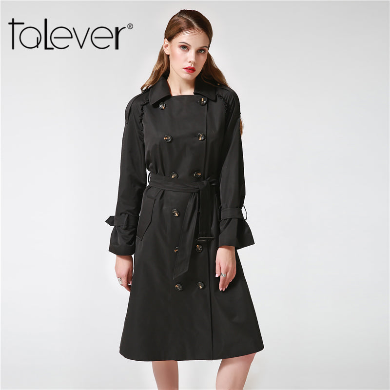 Talever Autumn Winter Trench Coat for Women Adjustable Waist Slim Solid Black Coat White Long Trench Female Outerwear Plus Size